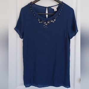 CHRISTOPHER & BANKS SEMI-SHEER NAVY BLUE TOP W/BEADED & JEWELED BIB DETAIL SMALL